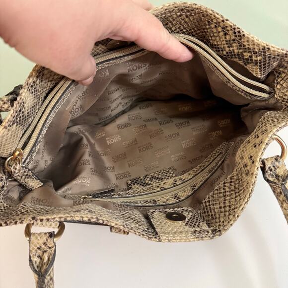 Michael Kors Satchel Shoulder Handbag Brown Tan Python Buckle Double Top Handles - Picture 8 of 12